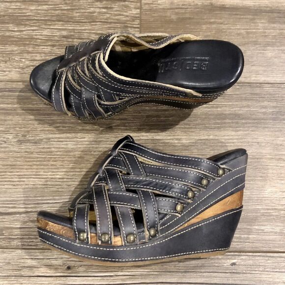 Bed Stu Gina Wedge 6 Black Leather Brown Wood Platform Strappy Sandal Mexico - Picture 11 of 11